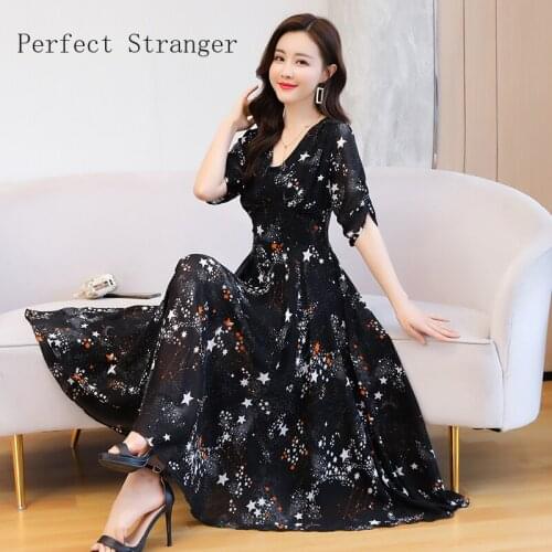 2021 Spring Summer New Arrival Hot Sale High Quality Stars Printed V Collar Women Long Chiffon Dress summer dress women