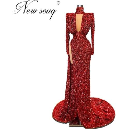 Handmade 2020 Saudi Arabia Long Evening Dress Sexy V Neck Beaded Sequins Prom Dresses Vestidos Aibye Dubai Split Slit Party Gown