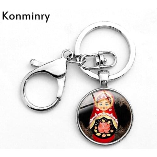 Konminry Cute Russian Doll Lobster Buckle Keychain Matryoshka Glass Cabochon Pendant Metal Key Chain For Men Women Gifts