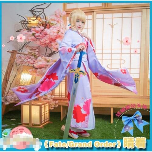 Fate/stay night Anime Cos Saber Ver Cosplay Woman Japanese Kimono Sweet Halloween Costume (Kimono+Belt+Headwear+Socks)