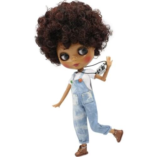 ICY DBS Blyth Doll 1/6 Short Curly Black mix Brown Hair Dark Skin glossy face bjd toy DIY with hand A&B No. 130BL910362