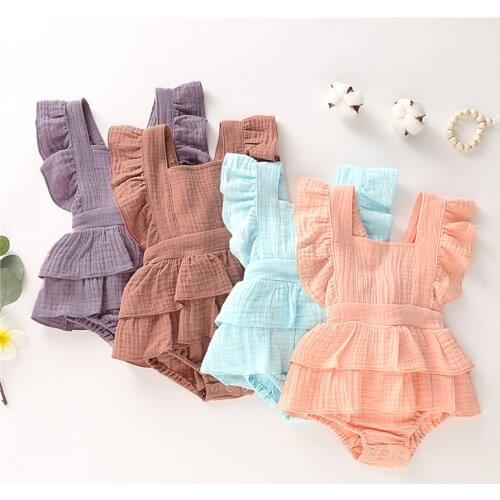 Lioraitiin Hot Baby Newborn Baby Girl Clothes Ruffle Hem Cotton Solid Color Sleeveless Jumpsuit Overall Outfit Casual Set