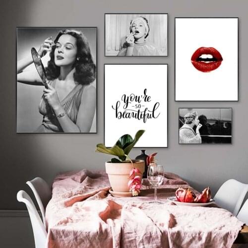 Fashion Lady Wall Art Canvas Painting Vogue Sexy Red Lips Makeup Poster Black White Art Print Picture for Living Room Home Decor