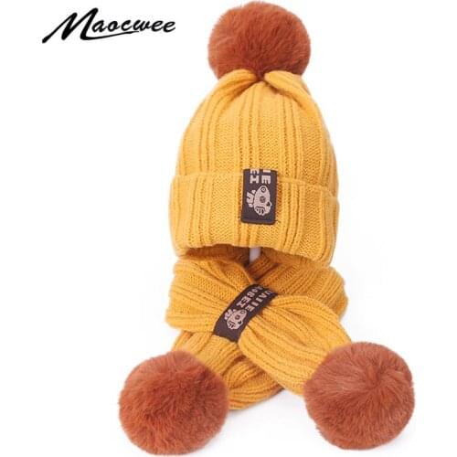 New Cute Childrens Pom Poms Knit Beanie Hat Scarf Set Boy Girl Winter Autumn Thicken Hedging Cap Scarves Soft Ski Baby Kids Set