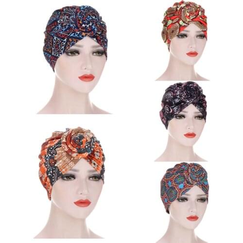 New Women Twist Knot India Hat Printed Knotted Turban Hat African Cap Ladies Chemo Cap Fashion Headbands Women Hair Accessories