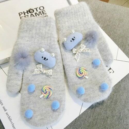 New Korean girl gloves wool bow warm knitted women spring winter gloves thick mittens