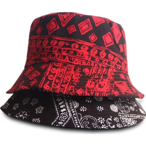 2020 Black Red Design Fisherman Hat Women Men Cap Cotton Paisley Basin Harajuku Sunscreen Travel Black Bucket Hats Female