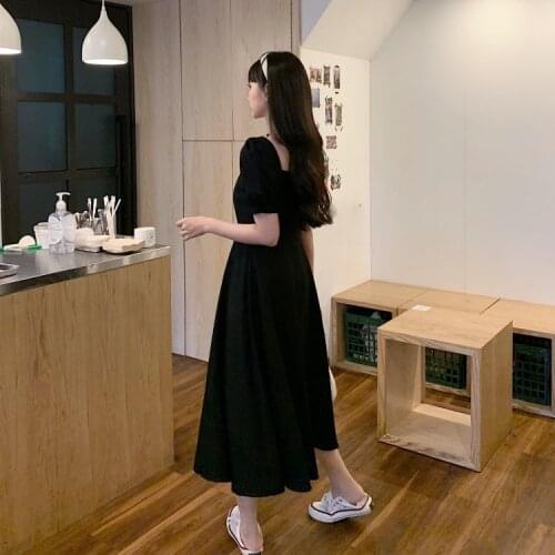 2020 Long Little Black Dress Temperament Square Collar Over the Knee Solid Color All-Matched and Comfortable