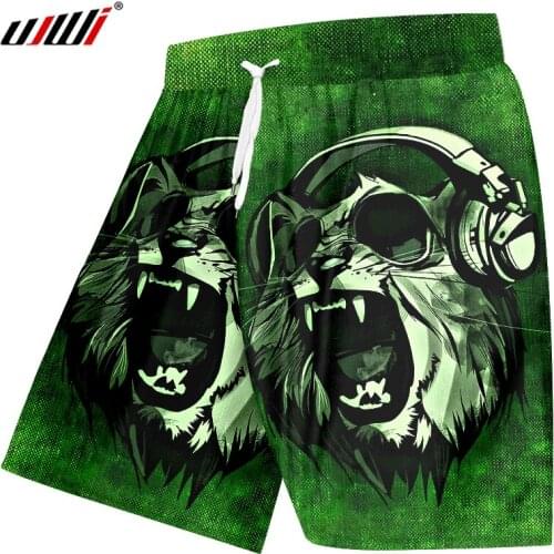 UJWI Mens New Cool Dropshipping Beach Shorts 3D Printed Creative Green DJ Cat Music Cool Spandex Clothing