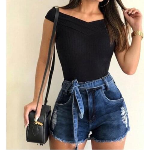 Womens Denim Shorts Lace Up Sexy Slim Hole Denim Solid Color Skinny Women Shorts Popular Fashion Summer Vintagae Womens Shorts