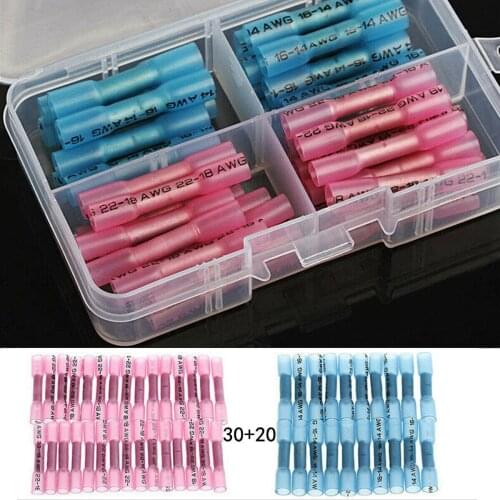 50PCS Heat Shrink Butt Wire Connectors Red Blue Waterproof Insulated Automobile Wire Cable Terminals 14-22AWG