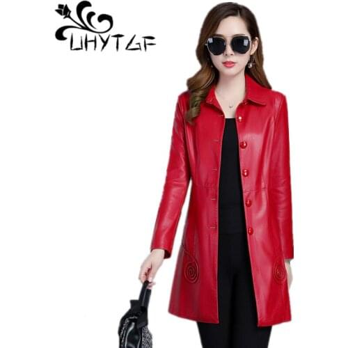 UHYTGF 2019 Spring Women Leather Trench Coats Female Korean fashion Elegant Trench Coat Plus Size PU Woman Leather Coat tops 330