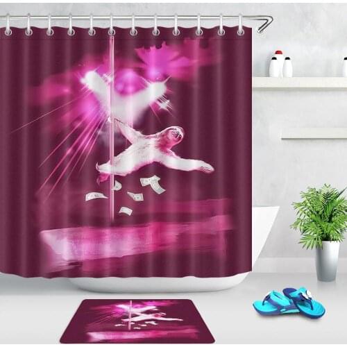 Creative Funny Animal Sloth Shower Curtains Waterproof Polyester Fabric Purple Bath Curtains for Bathroom Decor Non-slip Mat