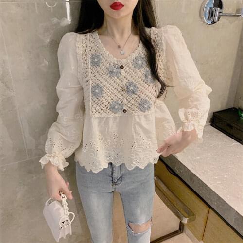 Women Blouse Loose Sexy Hollow out V-neck Long Sleeve Autumn Top Blusas Ropa De Mujer