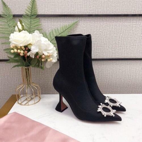 Black stretch Fabric Poined Toe Short boots 2021 women lady botas femininas boot square heel Crystal Rhinestone high heels shoes