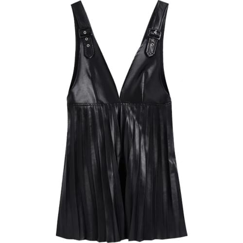 Women PU Leather Deep V Neck Pressed Pleat Splicing Mini Dress Female Sleeveless Clothes Casual Lady Loose Vestido D6967