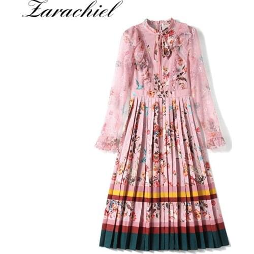 Autumn Fashion Ruffled Flower Mesh Patchwork Long Sleeve Runway Dress Women Bow Collar Floral Print Vintage Female Pleated Dress