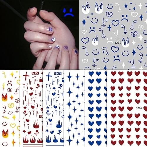 HNUIX 3D Nail Stickers Abstract flame girl blue red love heart flower pattern manicure slider nail art decoration