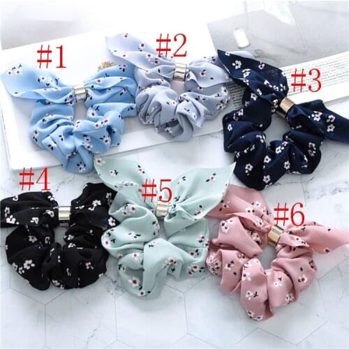 50pc/lot Floral Print Chiffon Bows Elastic Hair Bands Women Scrunchies Alloy Round Hair Ties Rope Bands Bunny Ear Girls Headwear