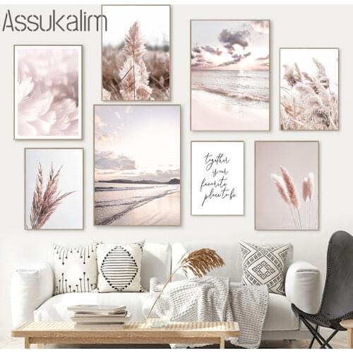Feather Print Reed Painting Beach Landscape Canvas Prints Sea Sky Poster Scandinavian Wall Pictures For Living Room Decoration