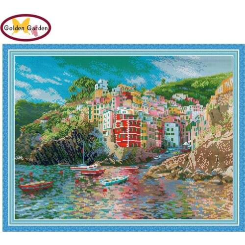 GG The Seaside Town Painting Counted Cross Stitch Embroidery Needlework Kits Joy Sunday Printed Cross Stitch Sets for Home Decor