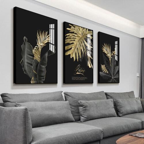 Canvas Painting Of Black And Gold Leaves Nordic Style Feather Posters And Prints Printed Wall Art Pictures Home Decoration Mural