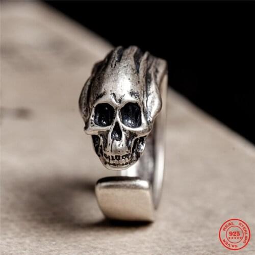 MKENDN Vintage 100% 925 Sterling Silver Men Calvarium Skull Ring Gothic Biker Ring Motorcycle Band Street Hip Hop Punk Jewelry