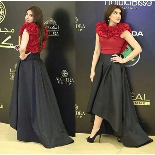 Red And Black High Low Evening Gowns 2020 Sleeveless Satin Prom Dresses Saudi Arabic Formal Party Dress