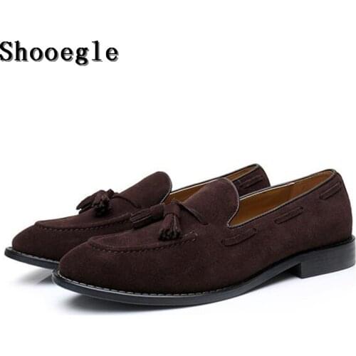 SHOOEGLE Men Fashion Handmade Tassel Loafers Shoes Slip on Gentleman Luxury Suede Casual Shoes Men Dress Business Party Shoes