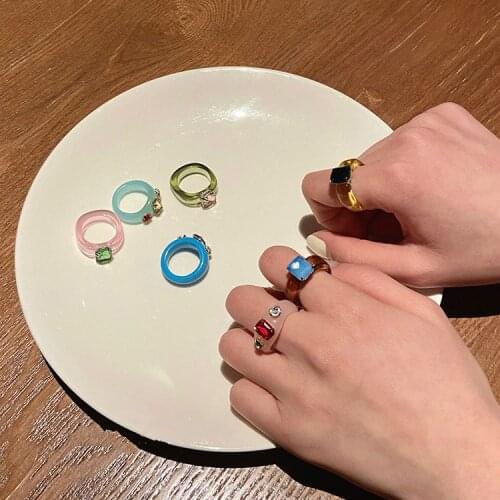 Fashion Colorful Rhinestone Wedding Rings for Women Transparent Resin Acrylic Matching Ring Female Vintage Womens Jewelry 2021