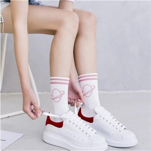 Fashion Woman Socks Pink Cotton Harajuku Short Funny Cute Sock Earth Mars School Girls Gift Fluffy Socks Hip Hop Sokken Female