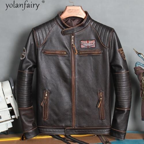 Genuine Cow Leather Jacket Men Vintage 100% Cow Leather Coat Short Biker Motorcycle Jacket Embroidered Mens Jackets XP680NP KJ
