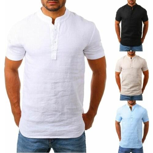 Men Shirts Shorts Sleeve Button Cotton Linen T-shirt Casual Loose Tee Shirts Camisetas Plus Size Summer Tops Outfits Sportswear
