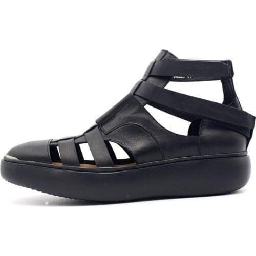 Runway Thick Platform High Top Men Sandals Round Toe Hollow Out Real Leather Gladiator Shoes Plus Size Male Casual Beach Sandals