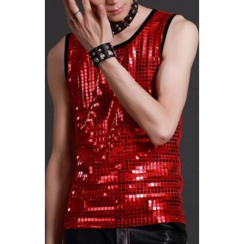 Men vest Sequin clothing personality slim male sleeveless vests men punk rock hombre chalecos singer dance stage fashion red