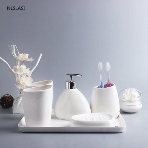 Five Piece Set Pure White Simplicity Ceramic Home Bathroom Accessories Emulsion Bottle Mouth Cup Toothbrush Holder Soap Dish