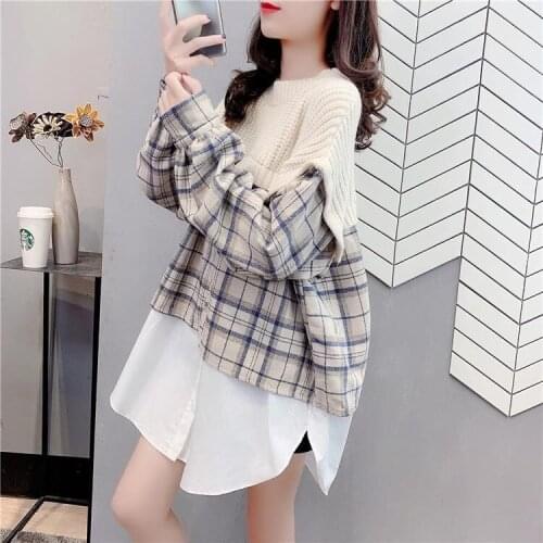 Autumn 2021 Vintage patchwork sweater Pullover oversized sweater womens fake two piece Pullover long sleeve sweater