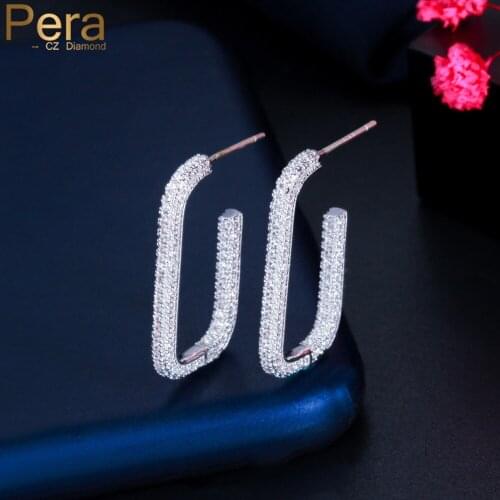 Pera Unique Micro Full White CZ Stone Topaz Paved Silver 925 Pin Long Rectangle Shape Drop Earrings for Women Brand Jewelry E712