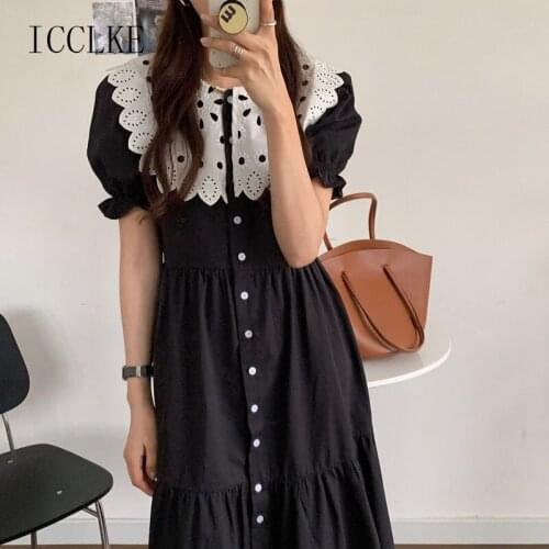 French Flower Cutout Large Lapel Contrast Short-Sleeved Dress 2021 Summer One-Piece Korean Womens Casual Ladies Office Dresses