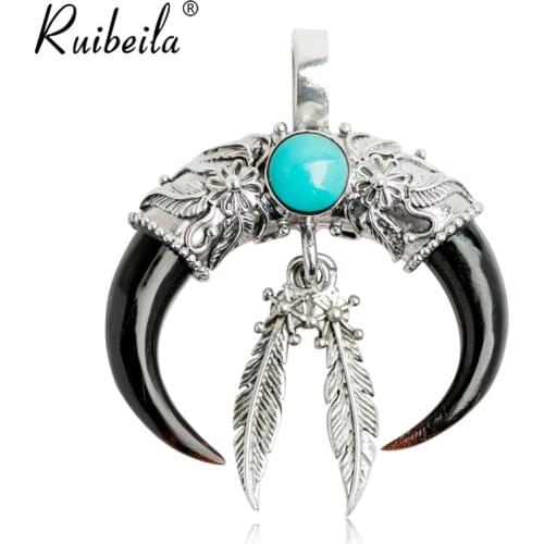 Ruibeila véritable 925 argent motif de style indien incrusté turquoise animal corne plume pendentif hommes personnalité collier