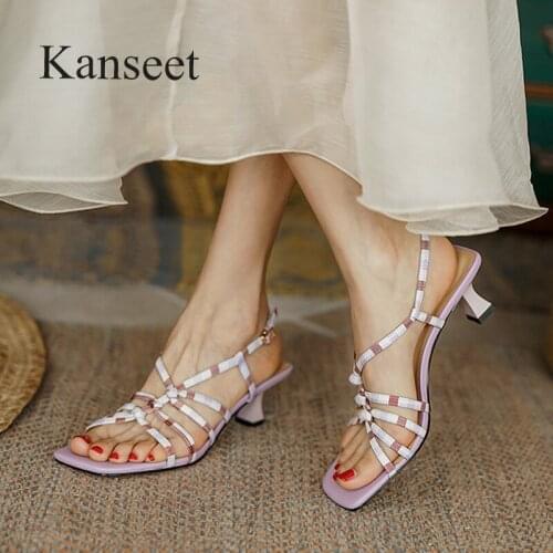 Kanseet Fashion Design Narrow Band Womens Shoes Summer 2021 Open-Toed Ladies Sandals Footwear Purple High Heel Women Sandals 40