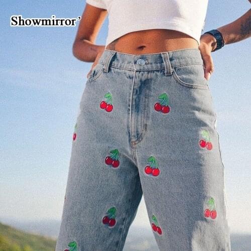 Showmorror 2020 Autumn Cherry Pattern Jeans Women England Preppy Style 90s Streetwear Y2K Outfits High Waist Denim Pants