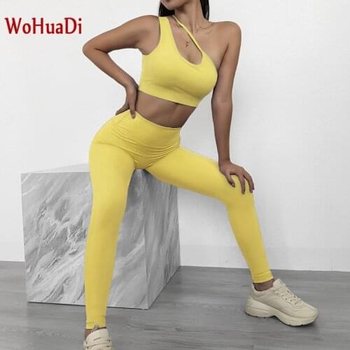 WOHUADI Oblique Shoulder Sports Bra Fitness Women Yoga Set Gym Push Up Leggings Workout Running Suit Sportswear Athletic