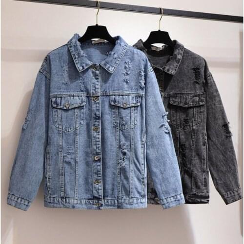 Womens Jeans Jacket Vintage Turn-Down Collar Plus Size Denim Basic Coat Loose Oversize Motorcycle Punk Ripped Hole Outerwear