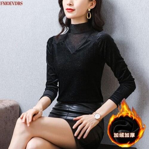 Women Winter Spring Basic Wear Elegant Office Lady Plus Size Casual Solid Black Sheer Warm Velvet Inside Peplum Tops And Blouses