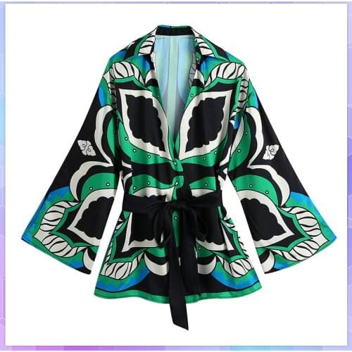 Women Casual Holiday Tee Shirt Beach Printed Kimono Shirt Summer 2021 Za Famale Open Front Loose Long T-shirts Sashes Green Top