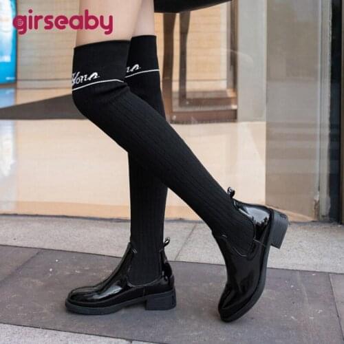 Girseaby 2021 Woman Long Boots Knee High Boots Square Heeled Pointy Sexy elasticity Wool Boots Patent Leather Glitter Slip On