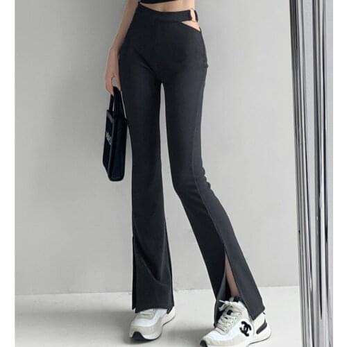 TVVOVVIN Womens Fashionable Repair Legs Thin Black Pants Weila 2021 Fall New Split Metal Ring Hollow Side Casual Pants Mop PLMA