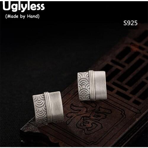 Uglyless Real S 925 Sterling Silver Jewelry Handmade Women Engraved Totem Studs Earrings Vintage Ethnic Squared Brincos Bijoux