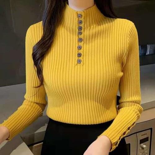 2021 Button Mock Neck Sweater Women Basic Casual Knitwear Jumper Korean Sweaters Slim Pull Femme Top Elasticity Winter Pullovers